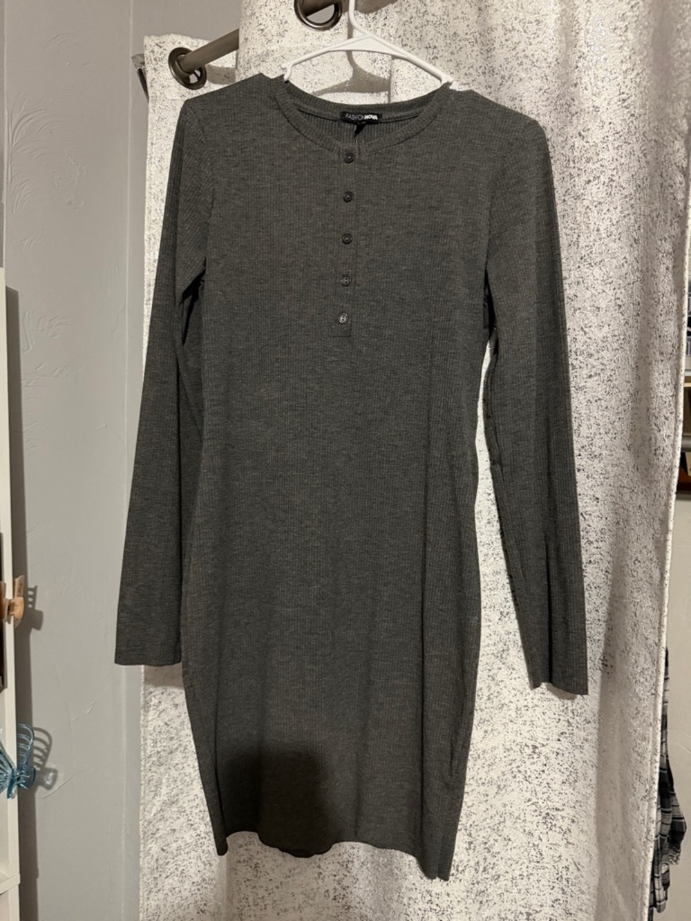 Fashion Nova Charcoal Long-Sleeve Ribbed Henley Dress